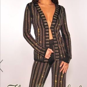 Black Gold Studded Rhinestone Jacket Two Piece Set